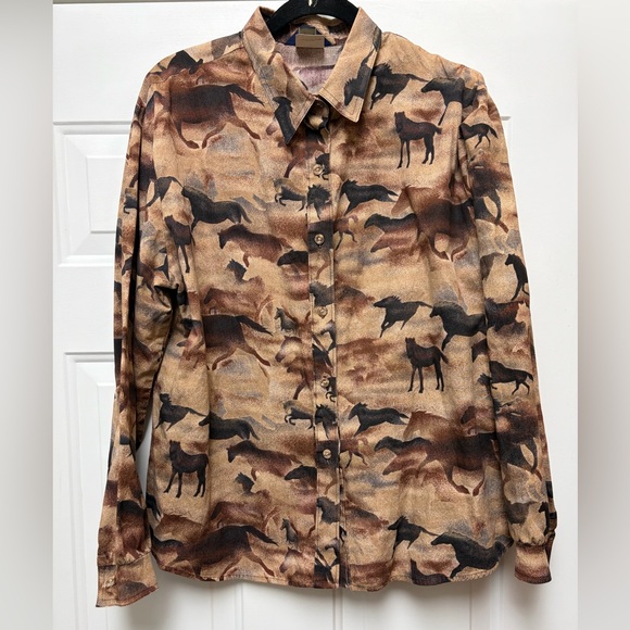 Roper Tops - Women’s Vintage Size XL Long-Sleeve Brown Horse Print Button-Down Top Blouse